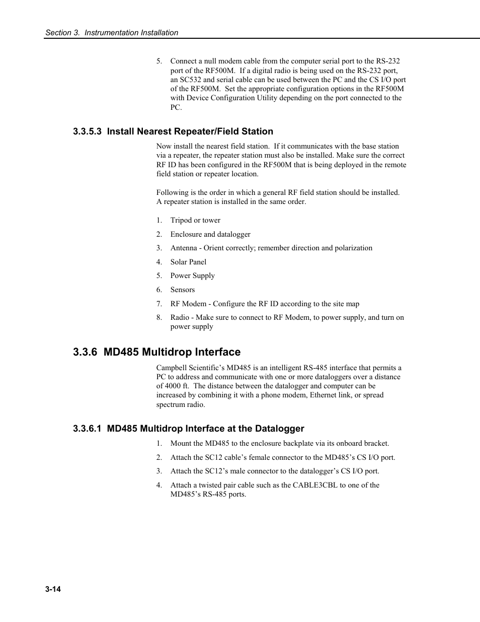 3 install nearest repeater/field station, 6 md485 multidrop interface, 1 md485 multidrop interface at the datalogger | Campbell Scientific CM6/CM10 Tripod Weather Station Installation User Manual | Page 38 / 68