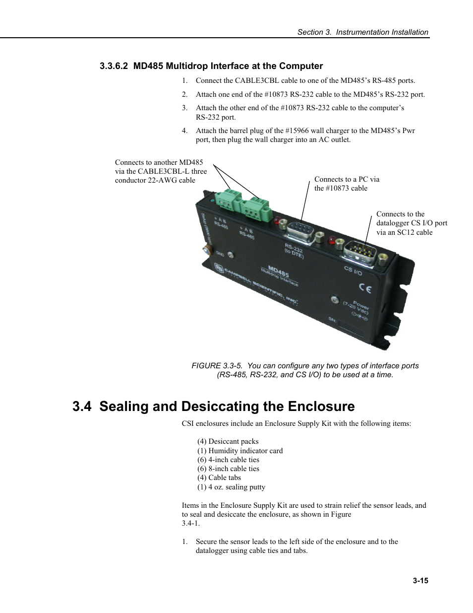 2 md485 multidrop interface at the computer, 4 sealing and desiccating the enclosure | Campbell Scientific CM6/CM10 Tripod Weather Station Installation User Manual | Page 39 / 68