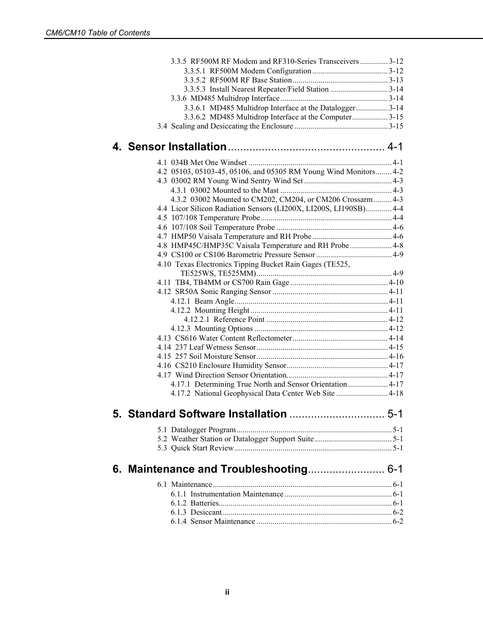 Sensor installation -1, Standard software installation -1, Maintenance and troubleshooting -1 | Campbell Scientific CM6/CM10 Tripod Weather Station Installation User Manual | Page 4 / 68