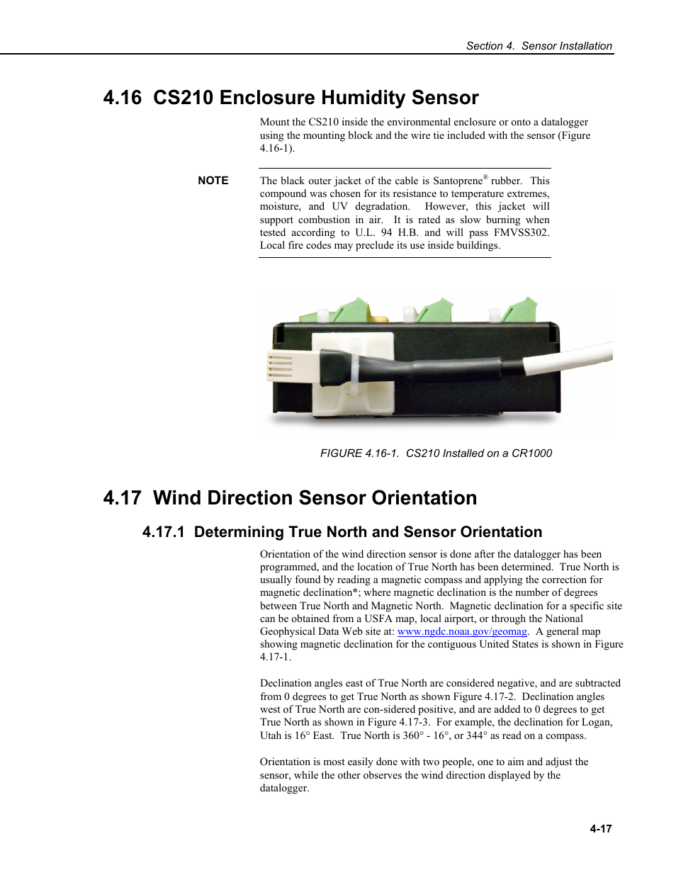 16 cs210 enclosure humidity sensor, 17 wind direction sensor orientation, 1 determining true north and sensor orientation | Campbell Scientific CM6/CM10 Tripod Weather Station Installation User Manual | Page 57 / 68