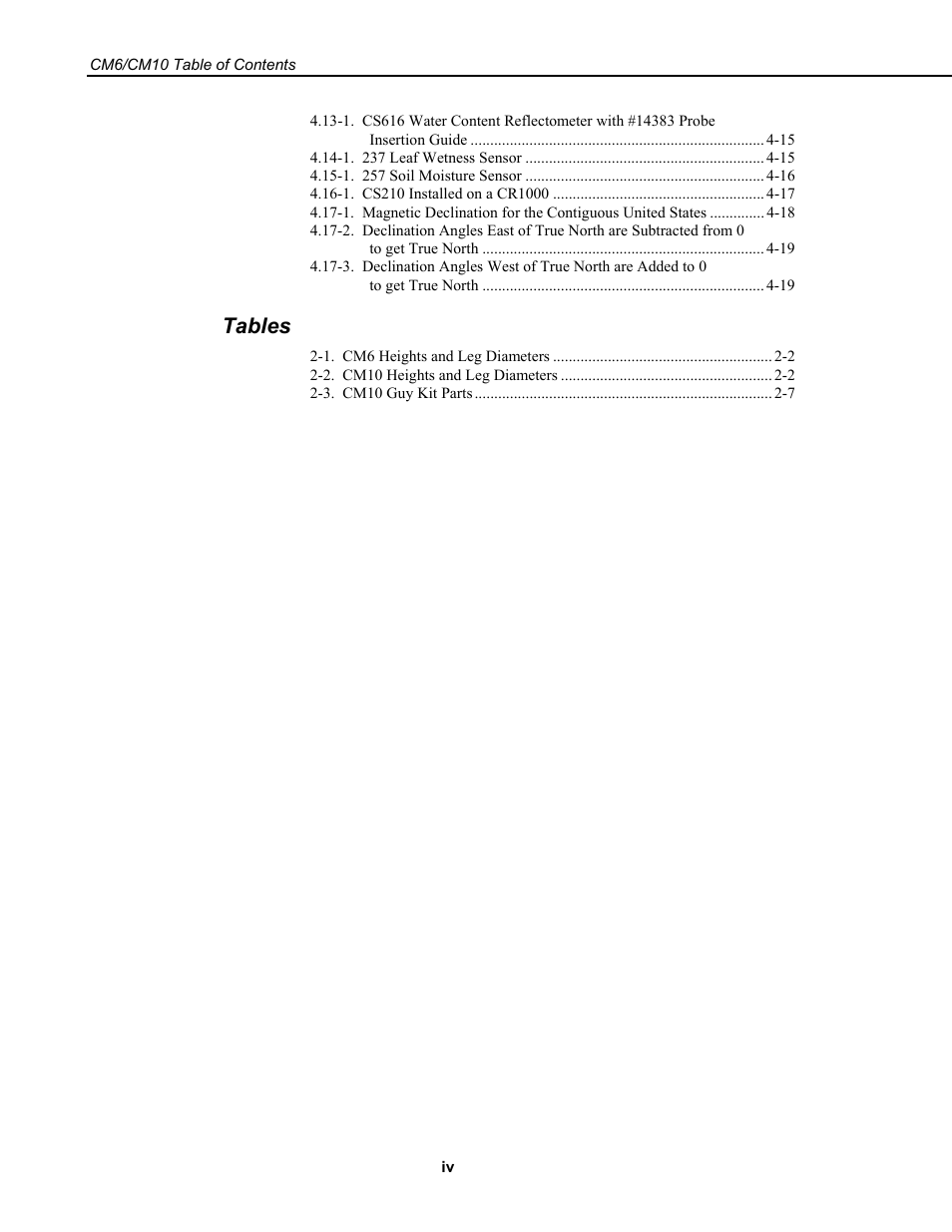 Tables | Campbell Scientific CM6/CM10 Tripod Weather Station Installation User Manual | Page 6 / 68