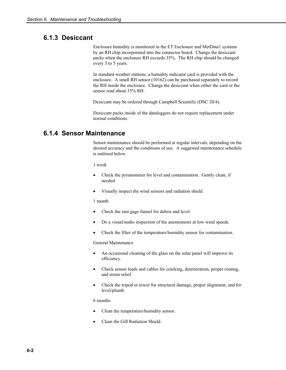 3 desiccant, 4 sensor maintenance | Campbell Scientific CM6/CM10 Tripod Weather Station Installation User Manual | Page 64 / 68