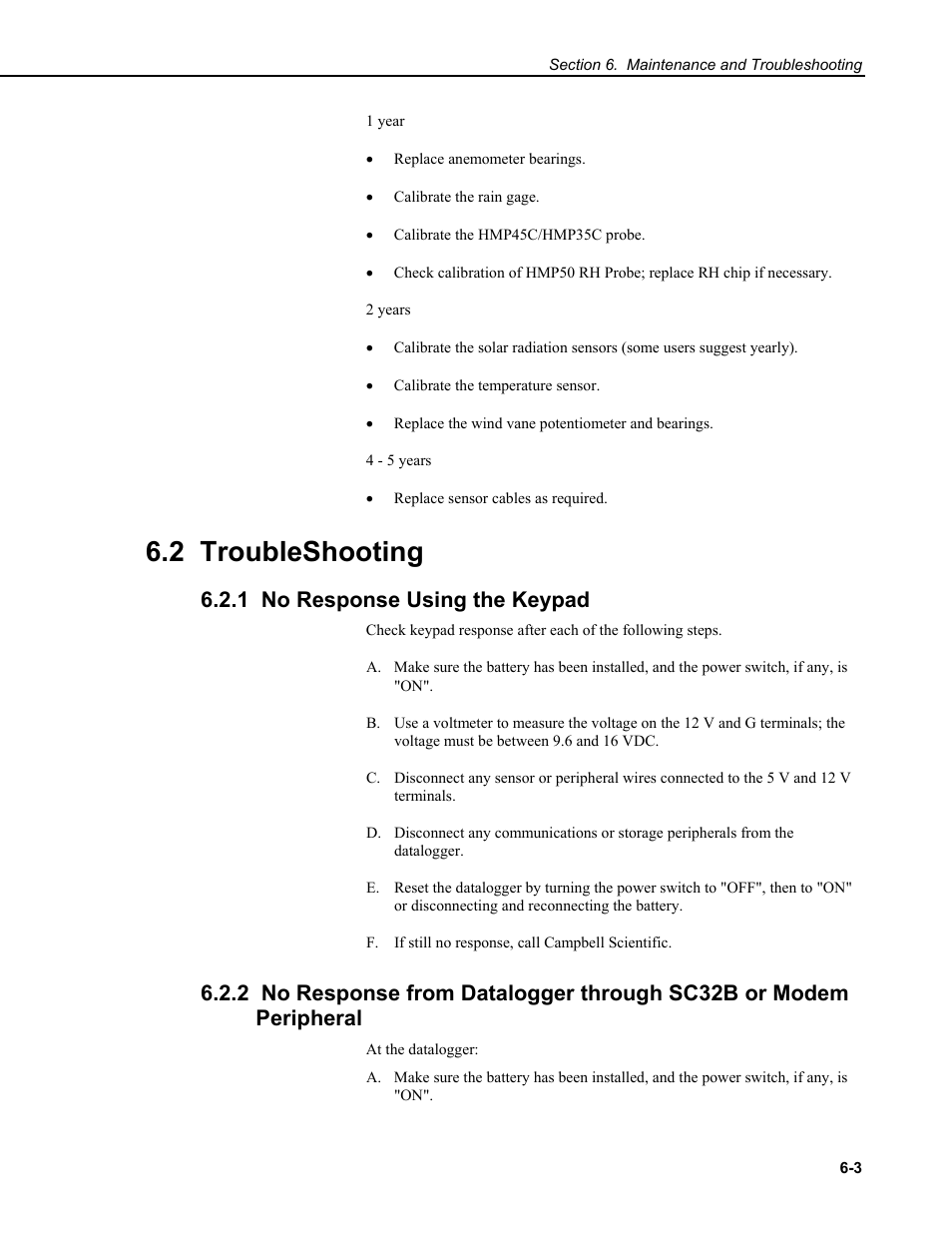 2 troubleshooting, 1 no response using the keypad | Campbell Scientific CM6/CM10 Tripod Weather Station Installation User Manual | Page 65 / 68