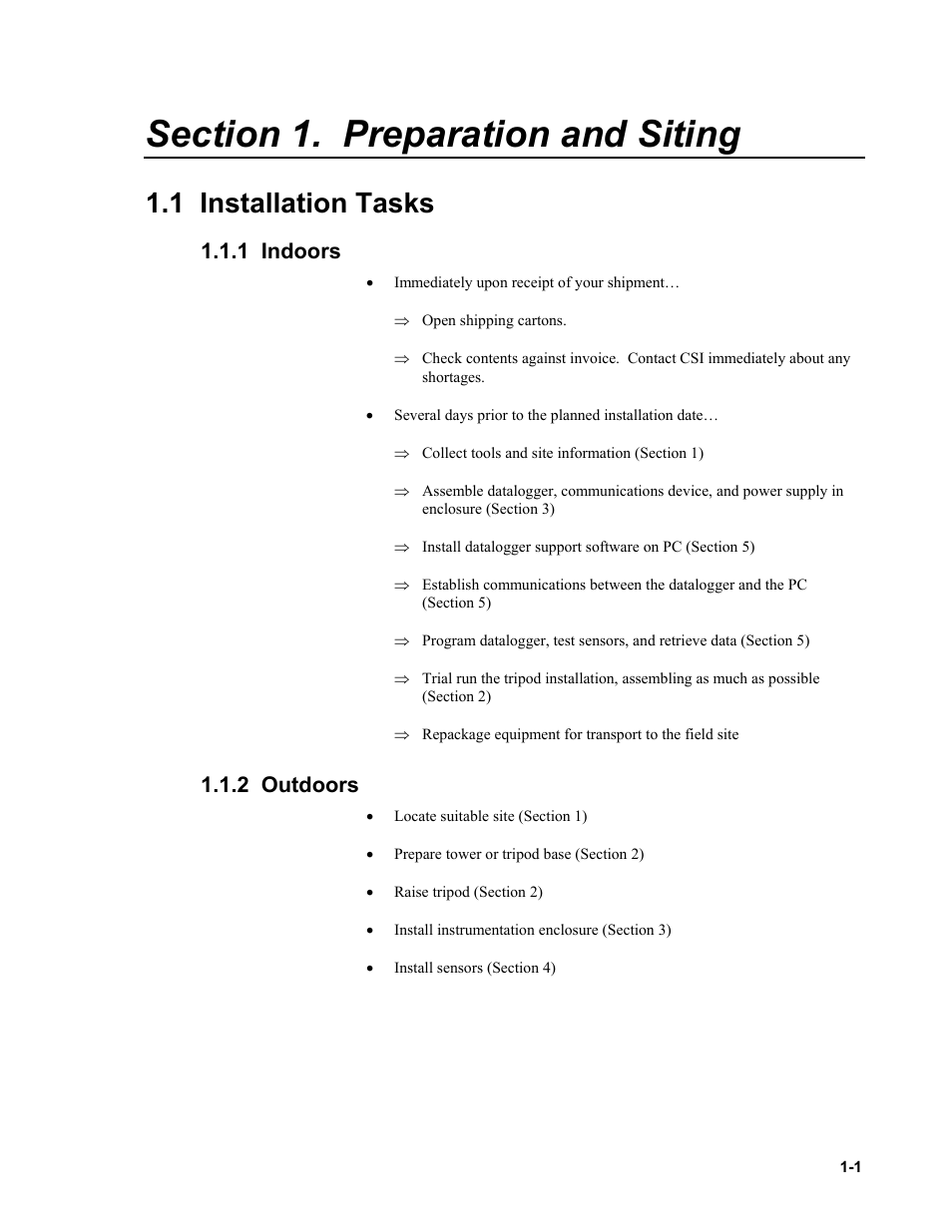 Section 1. preparation and siting, 1 installation tasks, 1 indoors | 2 outdoors | Campbell Scientific CM6/CM10 Tripod Weather Station Installation User Manual | Page 7 / 68
