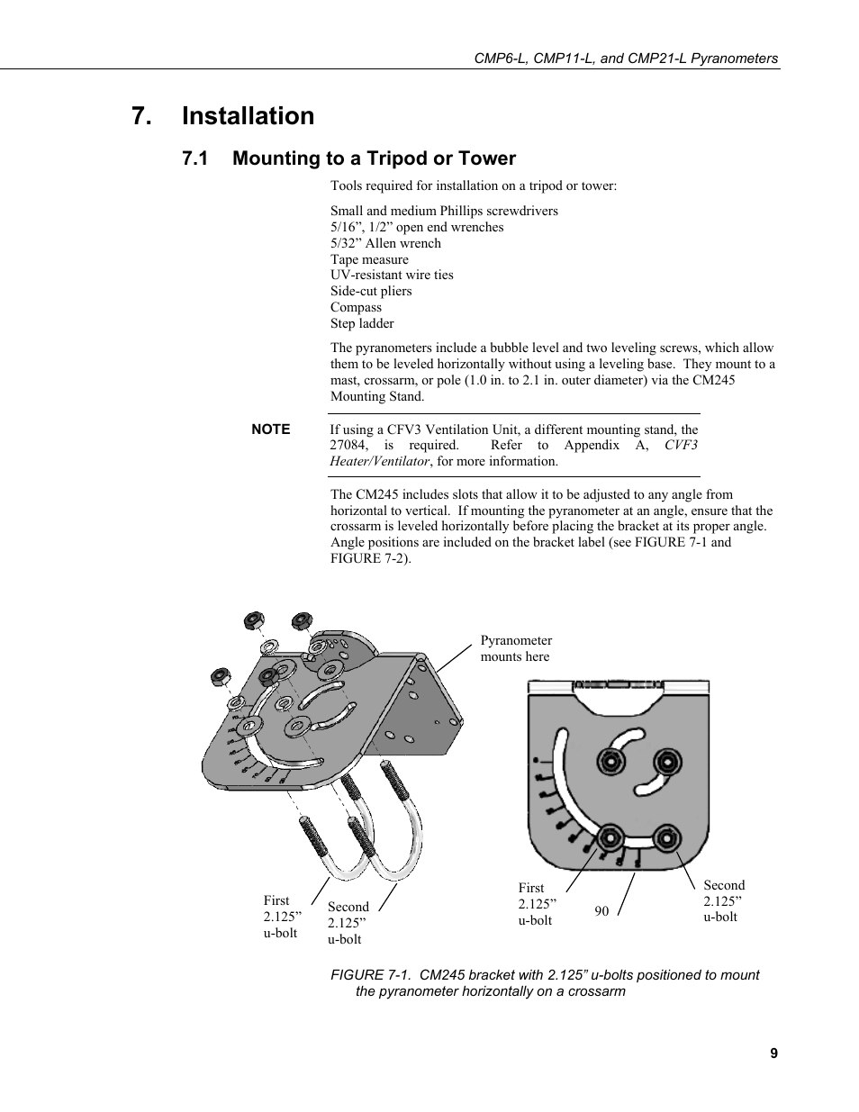 Installation, 1 mounting to a tripod or tower, Mounting to a tripod or tower | Pyranometer horizontally on a crossarm | Campbell Scientific CMP6-L, CMP11-L, and CMP21-L Pyranometers User Manual | Page 17 / 42