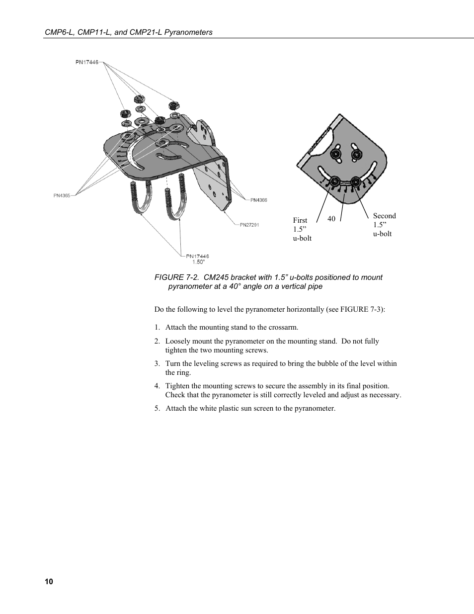 At a 40° angle on a vertical pipe | Campbell Scientific CMP6-L, CMP11-L, and CMP21-L Pyranometers User Manual | Page 18 / 42