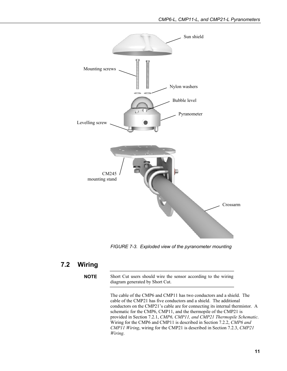 2 wiring, Wiring, 3. exploded view of the pyranometer mounting | Campbell Scientific CMP6-L, CMP11-L, and CMP21-L Pyranometers User Manual | Page 19 / 42