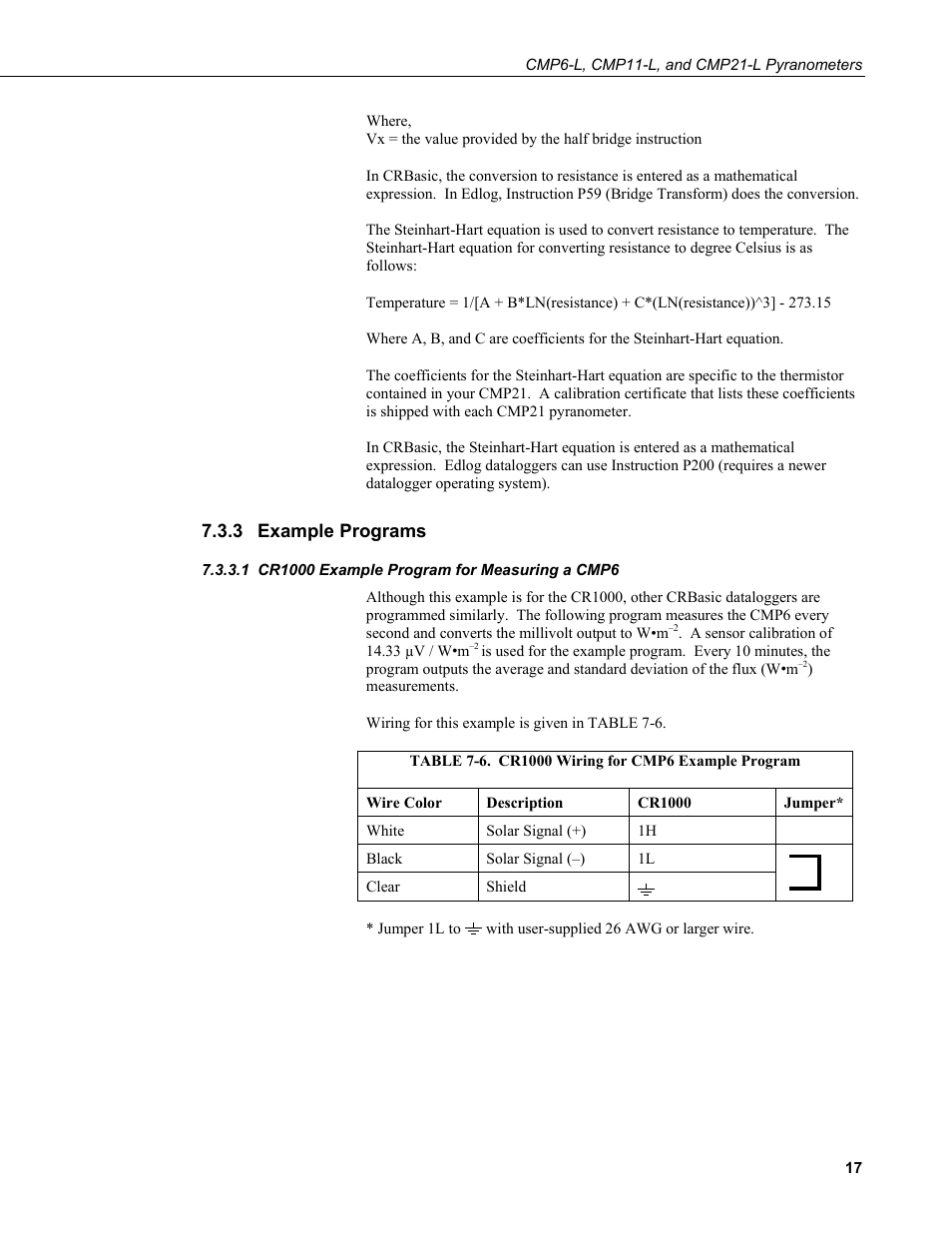 3 example programs, 1 cr1000 example program for measuring a cmp6, Example programs | Cr1000 example program for measuring a cmp6, 6. cr1000 wiring for cmp6 example program | Campbell Scientific CMP6-L, CMP11-L, and CMP21-L Pyranometers User Manual | Page 25 / 42