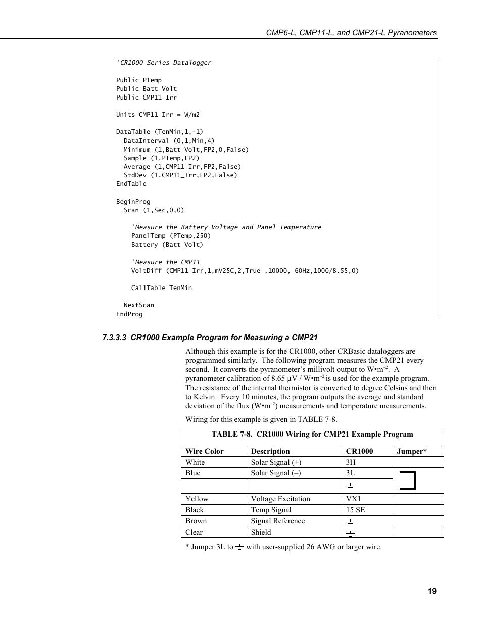 3 cr1000 example program for measuring a cmp21, Cr1000 example program for measuring a cmp21, 8. cr1000 wiring for cmp21 example program | Campbell Scientific CMP6-L, CMP11-L, and CMP21-L Pyranometers User Manual | Page 27 / 42