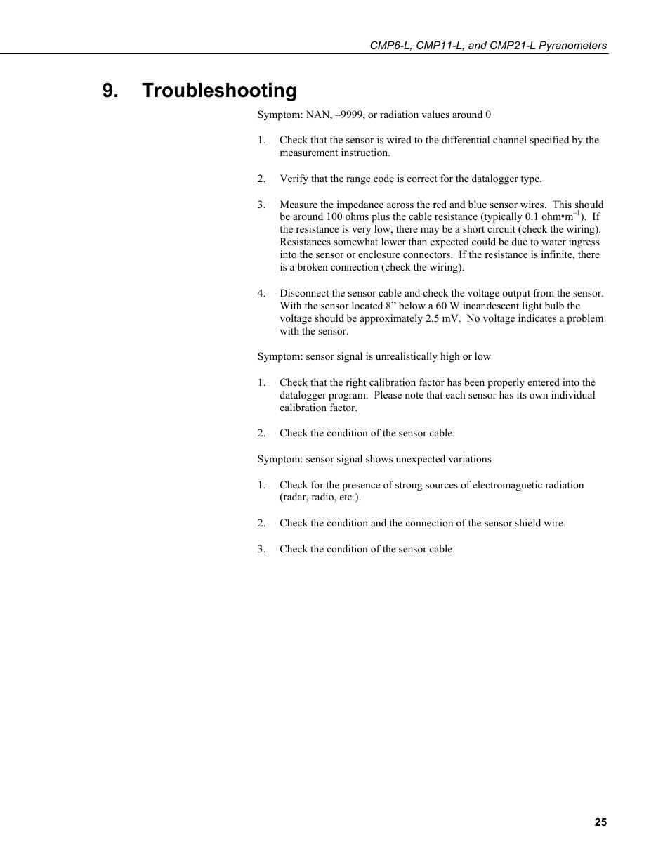 Troubleshooting | Campbell Scientific CMP6-L, CMP11-L, and CMP21-L Pyranometers User Manual | Page 33 / 42