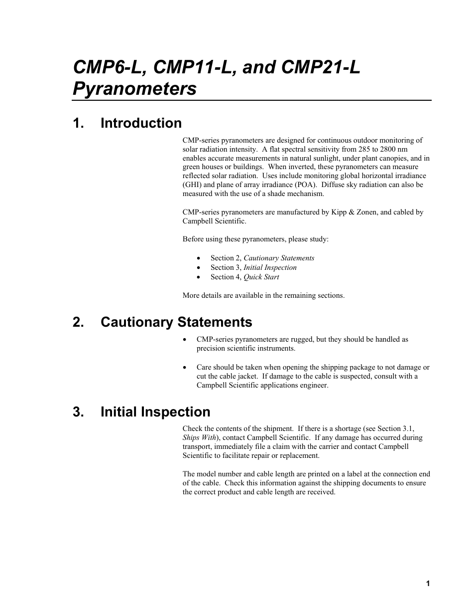 Introduction, Cautionary statements, Initial inspection | Campbell Scientific CMP6-L, CMP11-L, and CMP21-L Pyranometers User Manual | Page 9 / 42