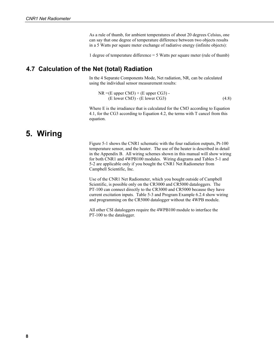 7 calculation of the net (total) radiation, Wiring | Campbell Scientific CNR1 Net Radiometer User Manual | Page 12 / 40