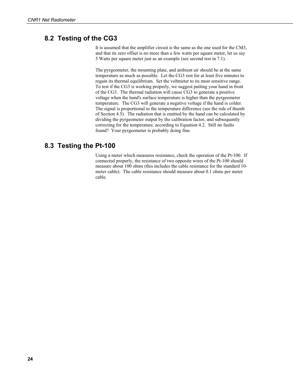 2 testing of the cg3, 3 testing the pt-100 | Campbell Scientific CNR1 Net Radiometer User Manual | Page 28 / 40