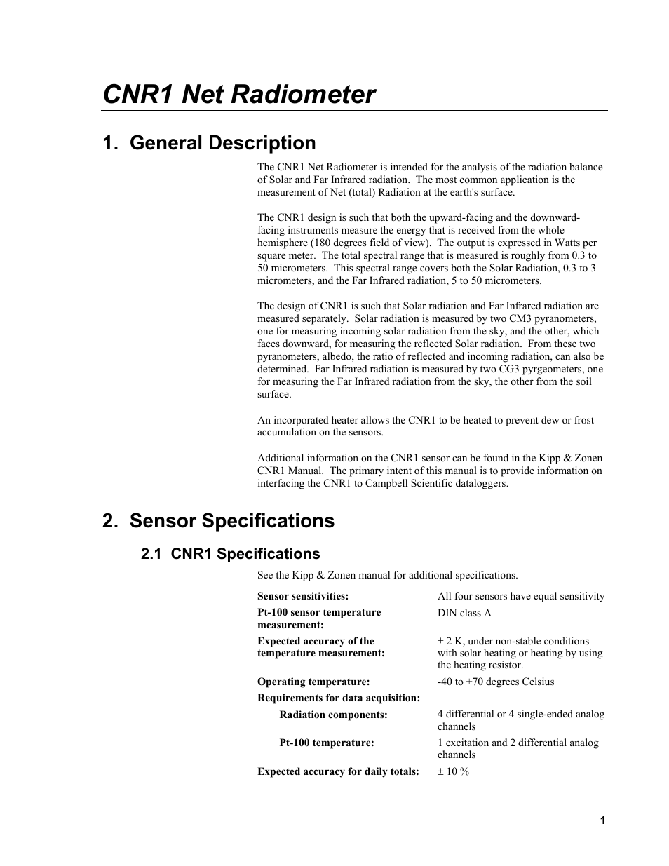 Cnr1 net radiometer, General description, Sensor specifications | 1 cnr1 specifications | Campbell Scientific CNR1 Net Radiometer User Manual | Page 5 / 40