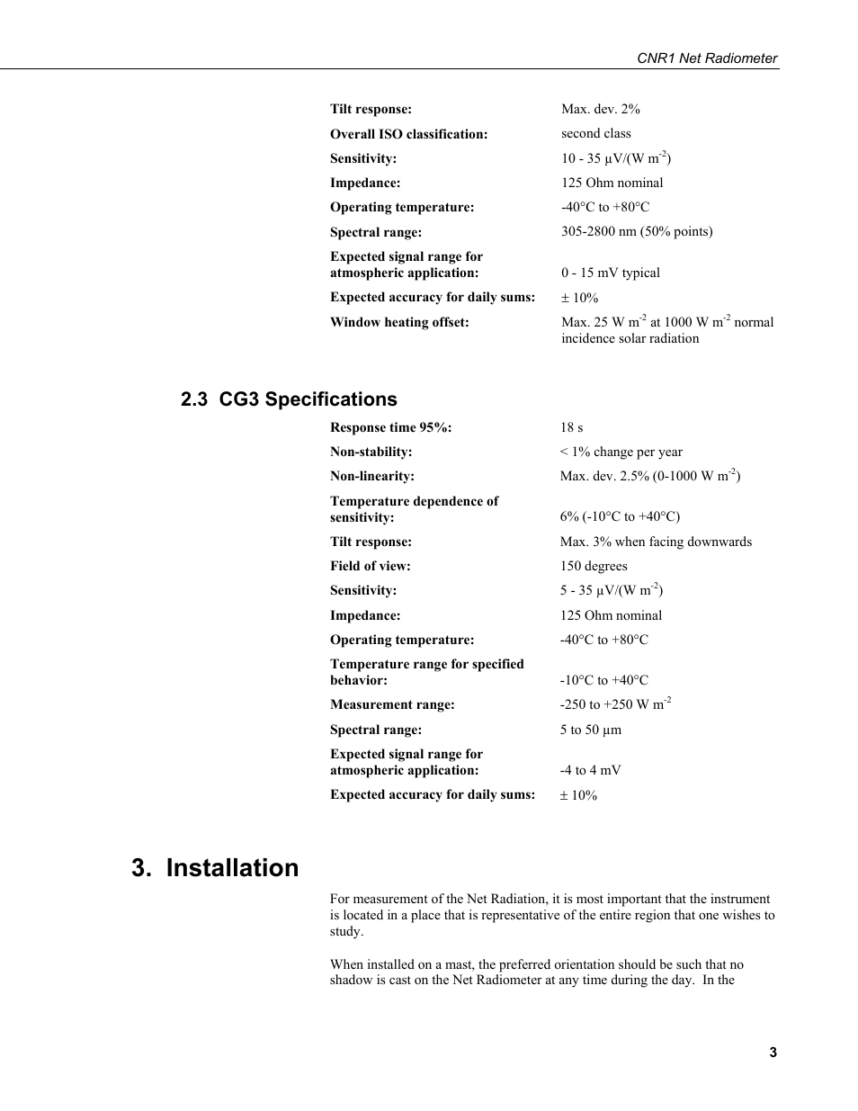 3 cg3 specifications, Installation | Campbell Scientific CNR1 Net Radiometer User Manual | Page 7 / 40