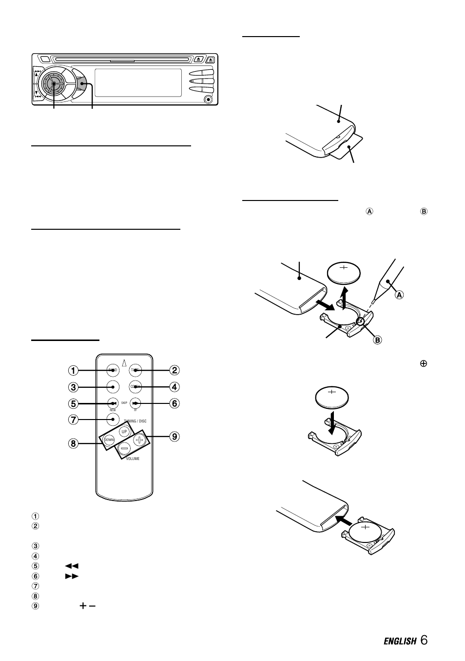 Other functions, Card remote control, Changing the key illumination color | Setting the dimmer of the display, Names of parts, Preparations, Replacing the battery | Aiwa CDC-X427 User Manual | Page 7 / 9
