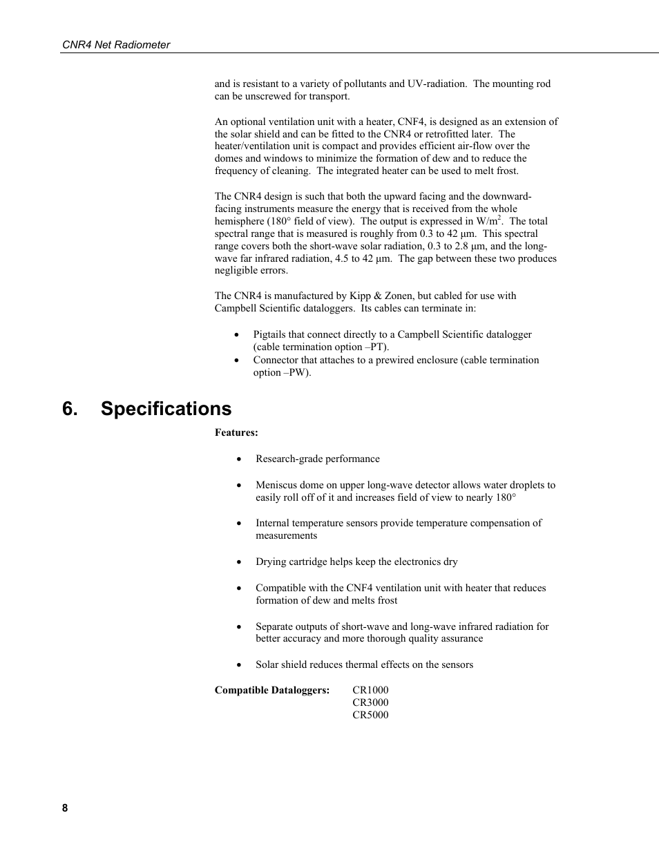 Specifications | Campbell Scientific CNR4 Net Radiometer User Manual | Page 16 / 64