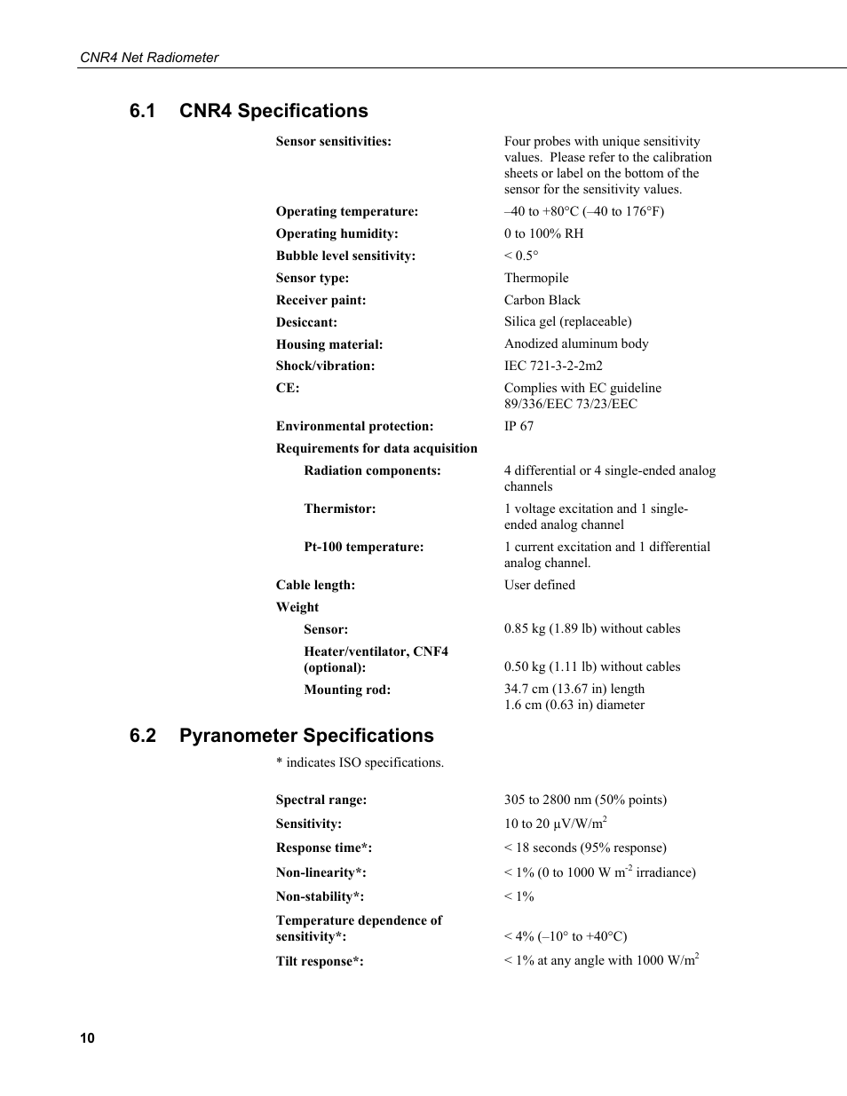 1 cnr4 specifications, 2 pyranometer specifications, Cnr4 specifications | Pyranometer specifications | Campbell Scientific CNR4 Net Radiometer User Manual | Page 18 / 64