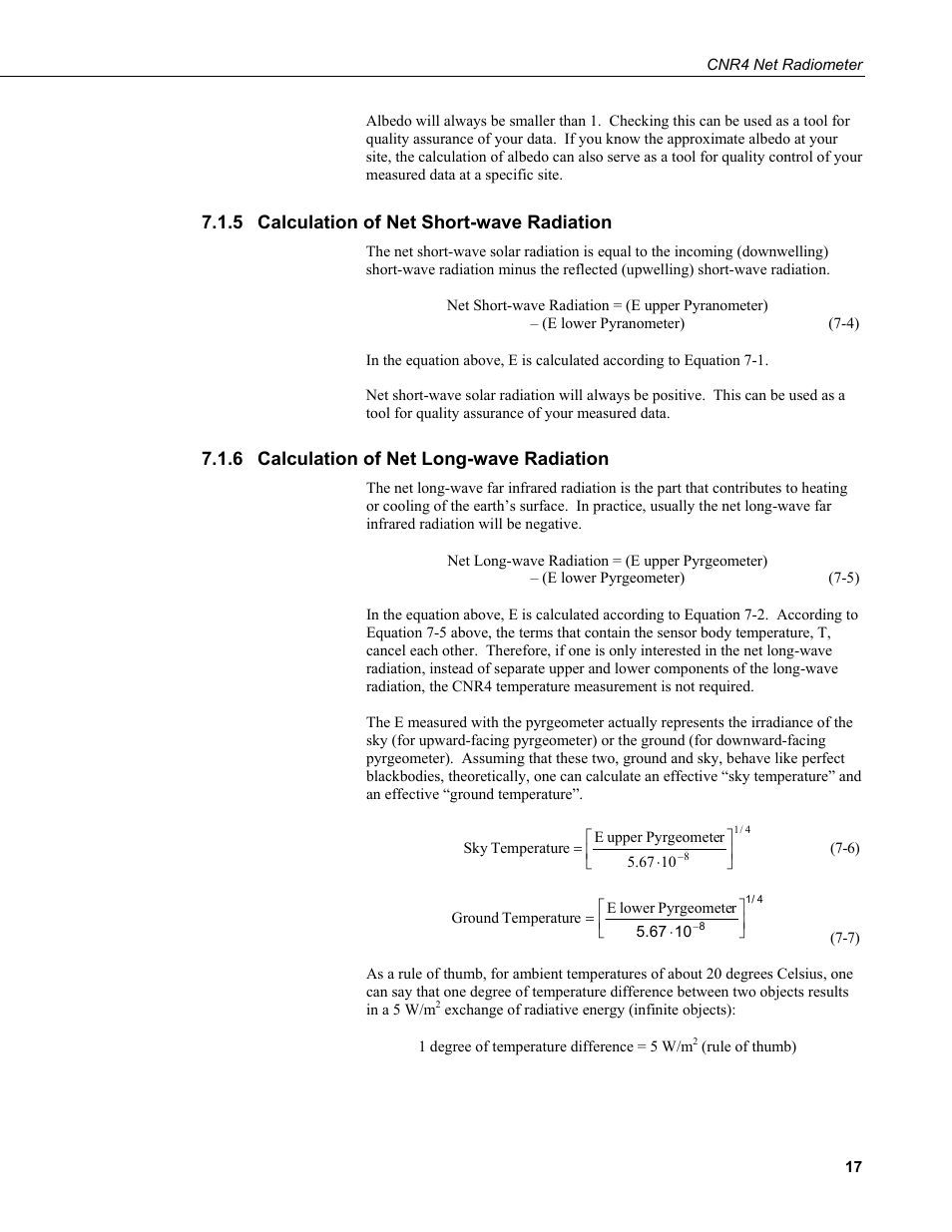 5 calculation of net short-wave radiation, 6 calculation of net long-wave radiation, Calculation of net short-wave radiation | Calculation of net long-wave radiation | Campbell Scientific CNR4 Net Radiometer User Manual | Page 25 / 64