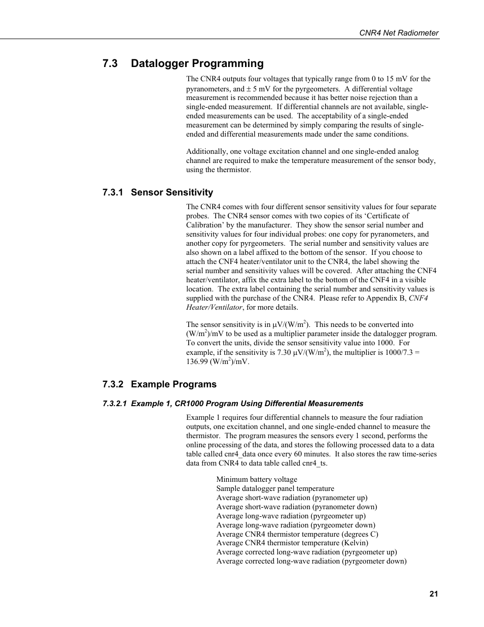 3 datalogger programming, 1 sensor sensitivity, 2 example programs | Datalogger programming, Sensor sensitivity, Example programs, Example 1, cr1000 program using differential, Measurements, 3 datalogger pro ming, Gram | Campbell Scientific CNR4 Net Radiometer User Manual | Page 29 / 64
