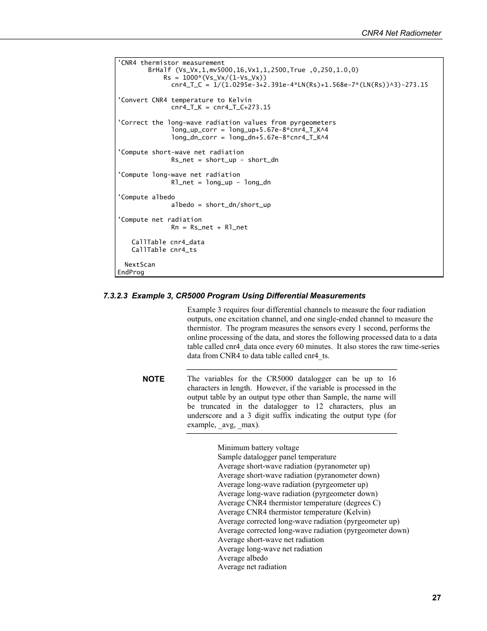 Example 3, cr5000 program using differential, Measurements | Campbell Scientific CNR4 Net Radiometer User Manual | Page 35 / 64