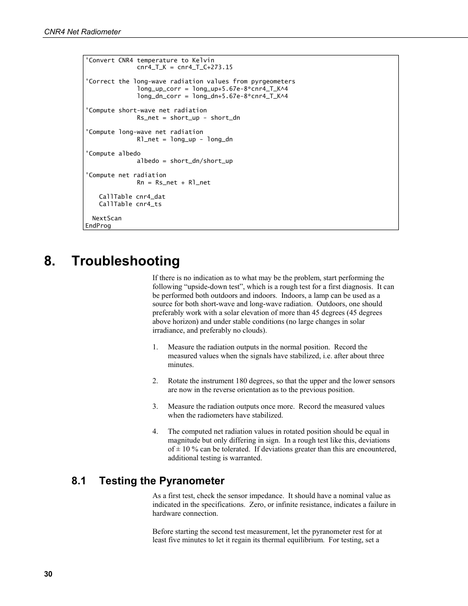 Troubleshooting, 1 testing the pyranometer, Testing the pyranometer | Oubleshooting | Campbell Scientific CNR4 Net Radiometer User Manual | Page 38 / 64