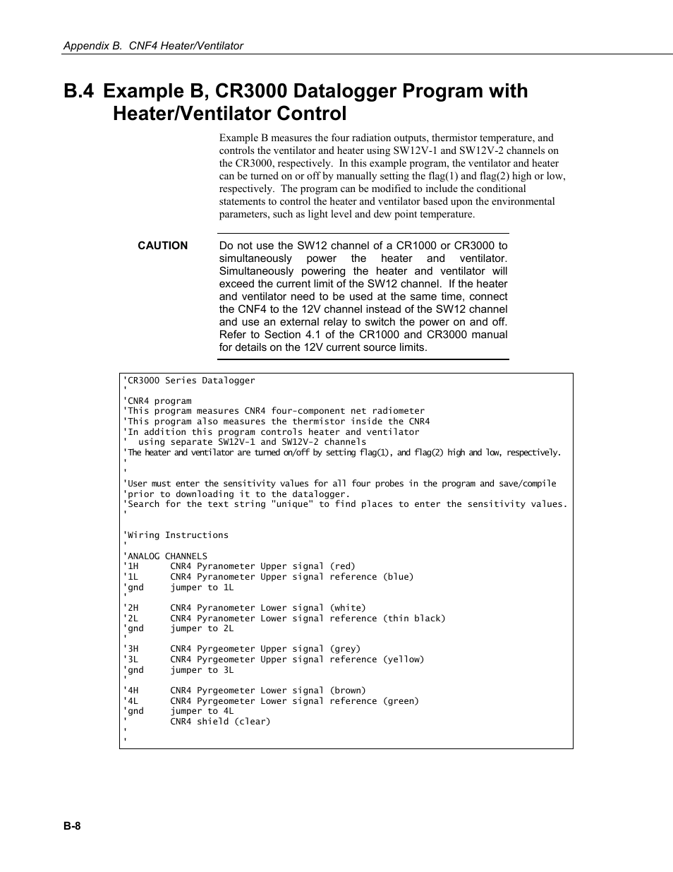 Example b, cr3000 datalogger program with heater | Campbell Scientific CNR4 Net Radiometer User Manual | Page 54 / 64