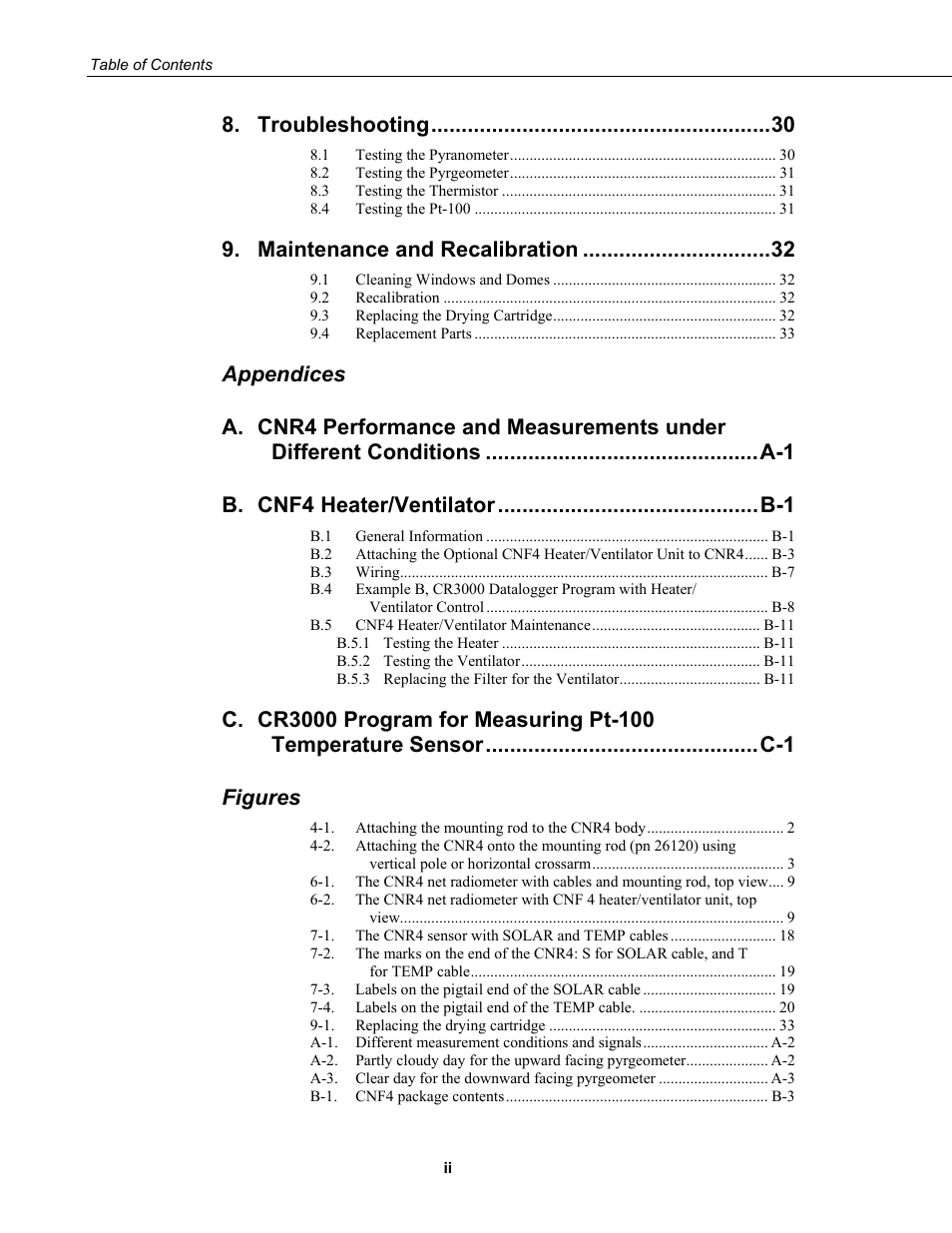 Troubleshooting, Maintenance and recalibration, Appendices a | Figures | Campbell Scientific CNR4 Net Radiometer User Manual | Page 6 / 64