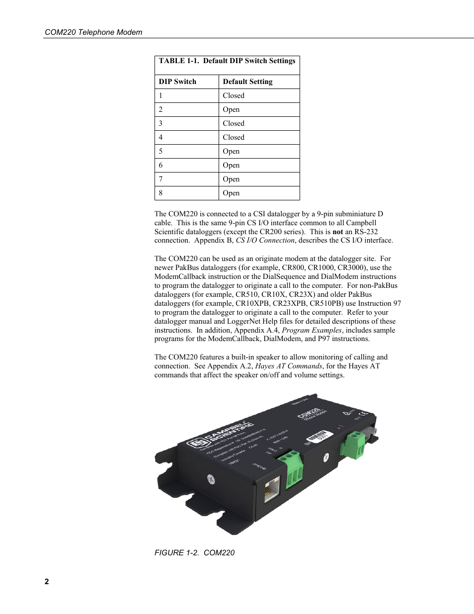 2. com220, 1. default dip switch settings | Campbell Scientific COM220 56k Phone Modem User Manual | Page 10 / 42