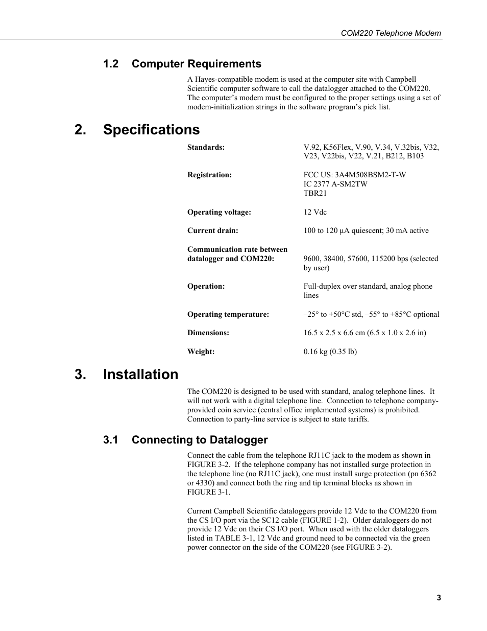 2 computer requirements, Specifications, Installation | 1 connecting to datalogger, Computer requirements, Connecting to datalogger | Campbell Scientific COM220 56k Phone Modem User Manual | Page 11 / 42