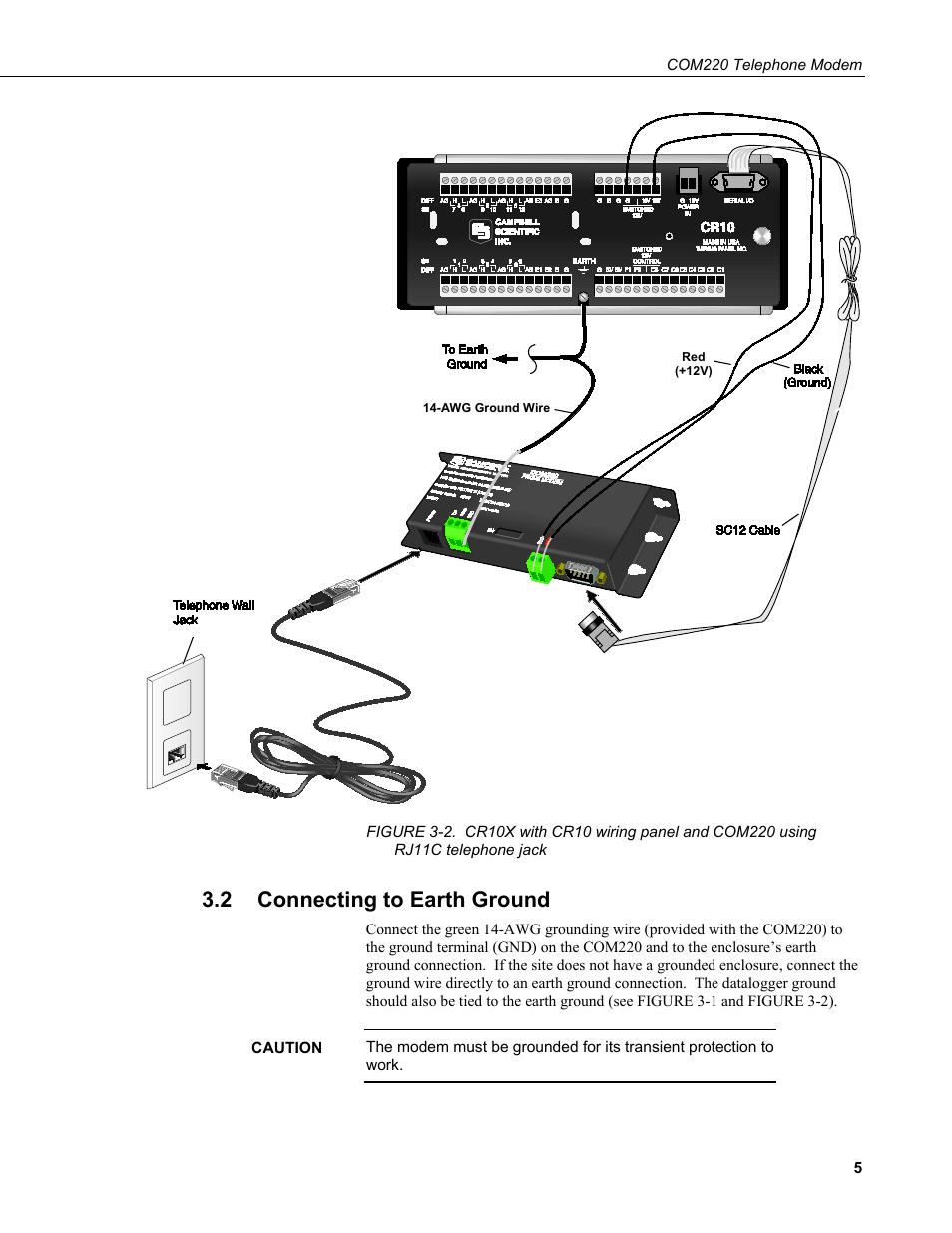 2 connecting to earth ground, Connecting to earth ground, Telephone jack | Figure 3-2, Figure 3-2) | Campbell Scientific COM220 56k Phone Modem User Manual | Page 13 / 42