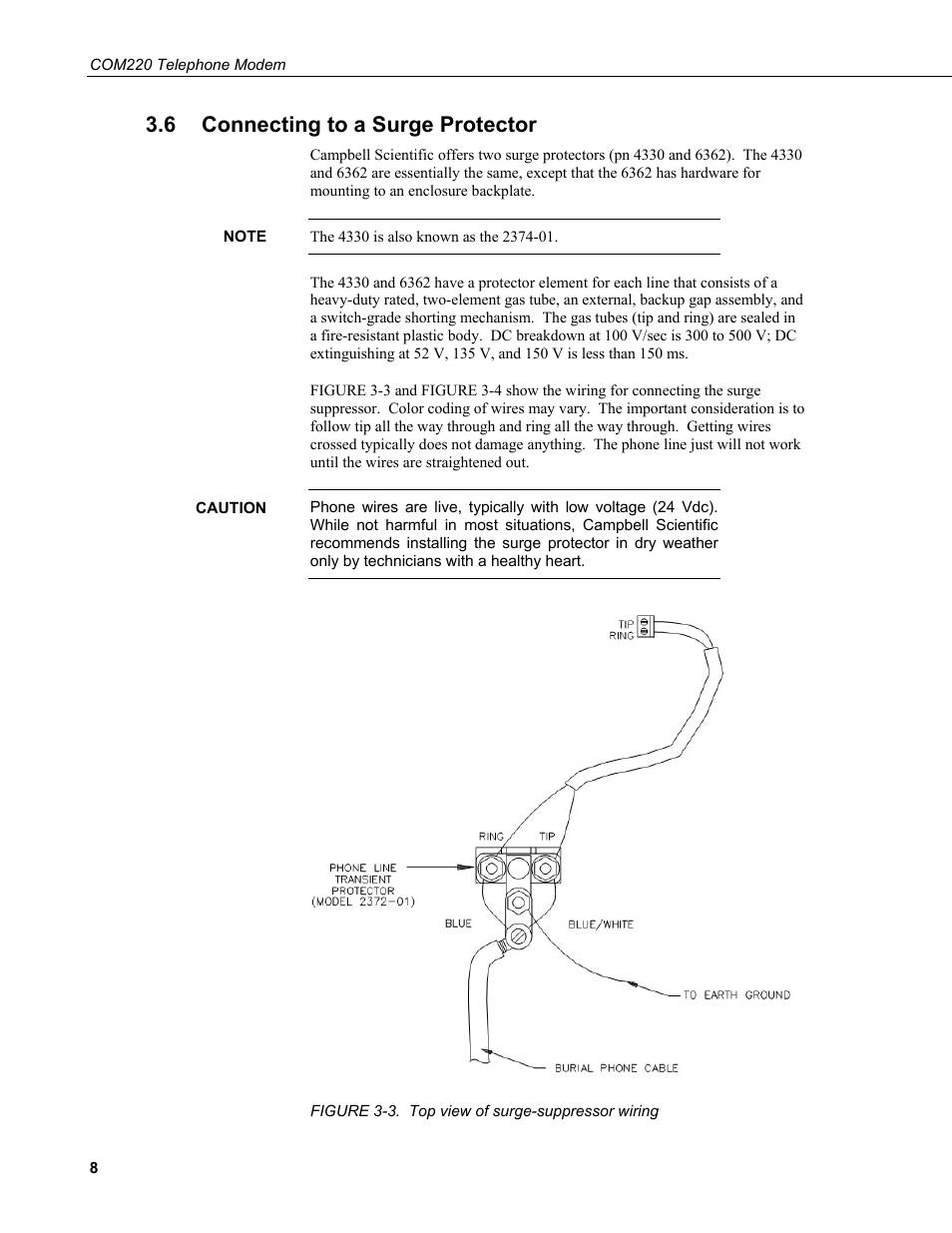 6 connecting to a surge protector, Connecting to a surge protector, 3. top view of surge-suppressor wiring | Campbell Scientific COM220 56k Phone Modem User Manual | Page 16 / 42