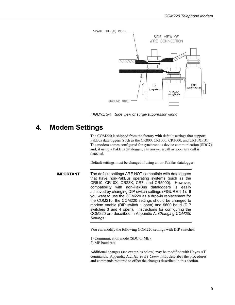 Modem settings, 4. side view of surge-suppressor wiring | Campbell Scientific COM220 56k Phone Modem User Manual | Page 17 / 42