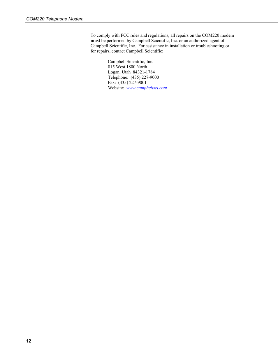 Campbell Scientific COM220 56k Phone Modem User Manual | Page 20 / 42