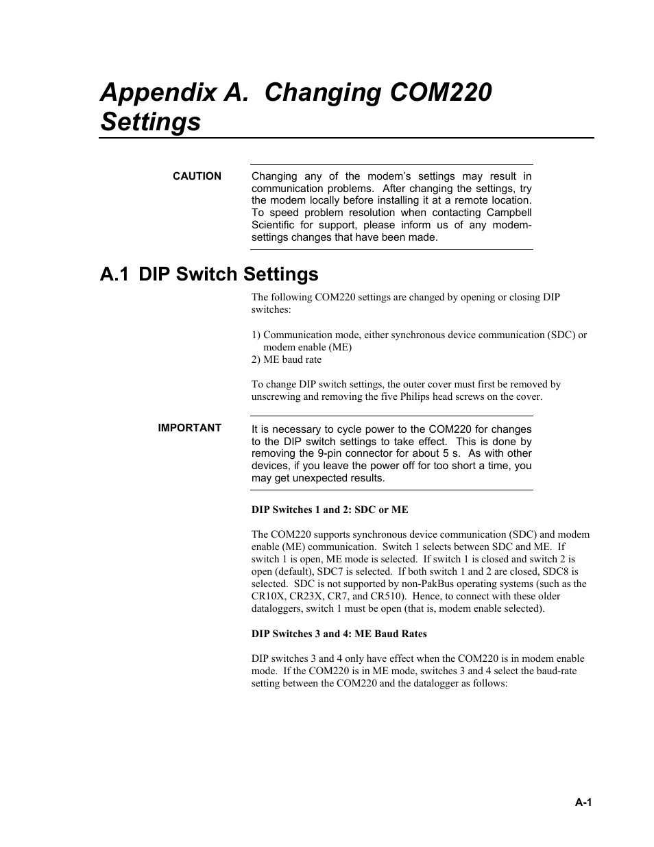 Appendix a. changing com220 settings, A.1 dip switch settings, E appendix | A.1, dip switch settings, N appendix a.1, dip, Switch settings | Campbell Scientific COM220 56k Phone Modem User Manual | Page 21 / 42