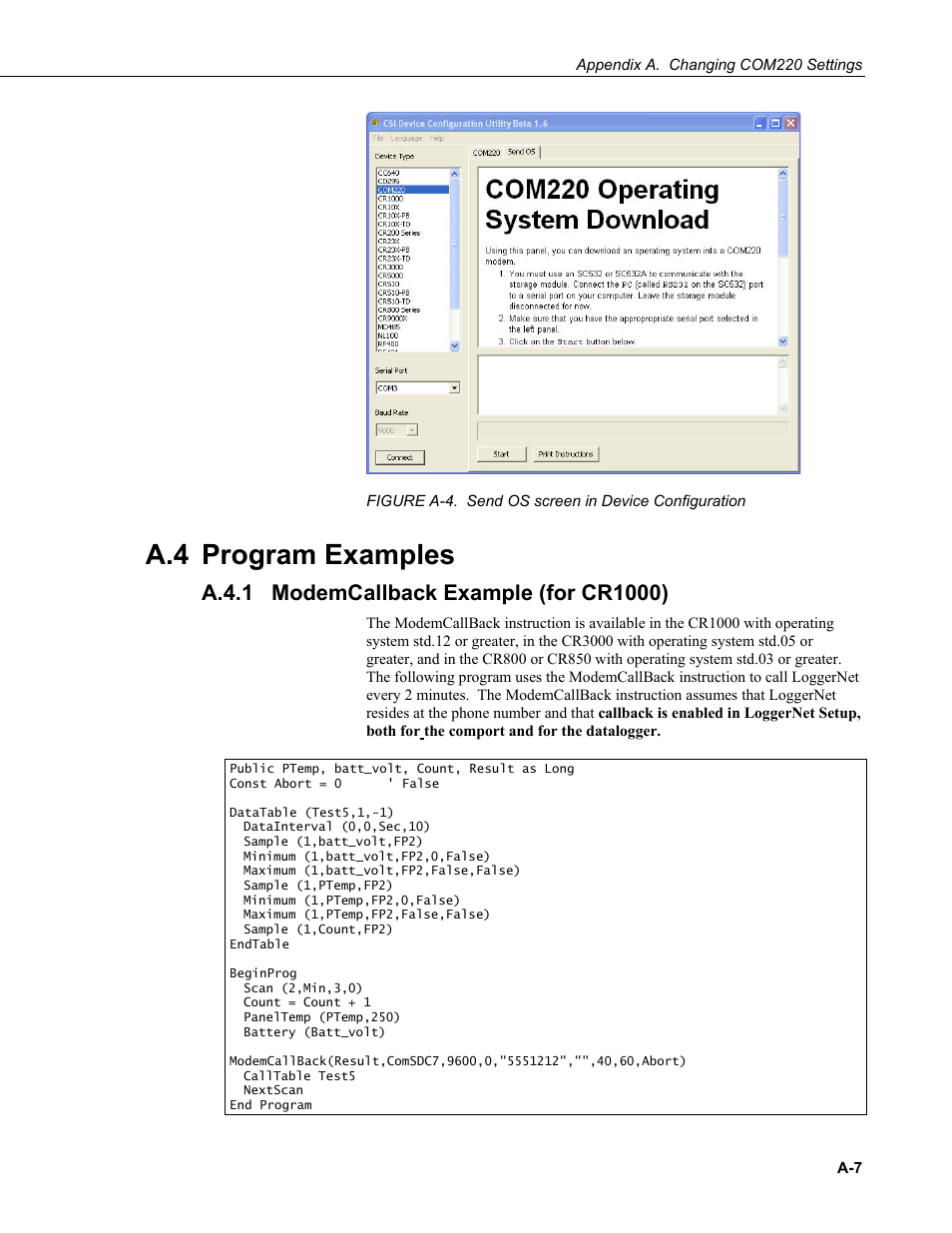 A.4 program examples, A.4.1 modemcallback example (for cr1000), A.4.1 | Campbell Scientific COM220 56k Phone Modem User Manual | Page 27 / 42