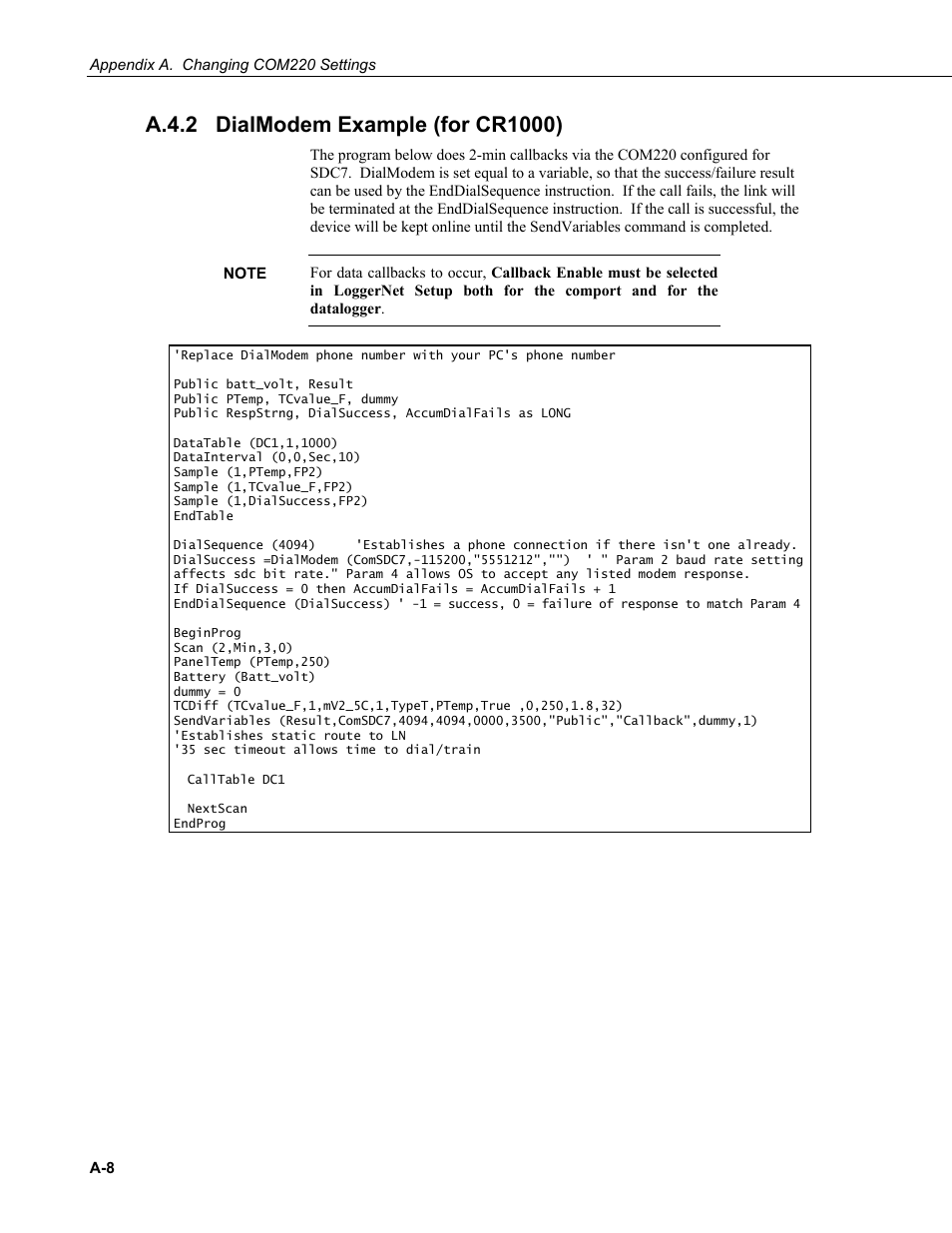A.4.2 dialmodem example (for cr1000), A.4.2 | Campbell Scientific COM220 56k Phone Modem User Manual | Page 28 / 42