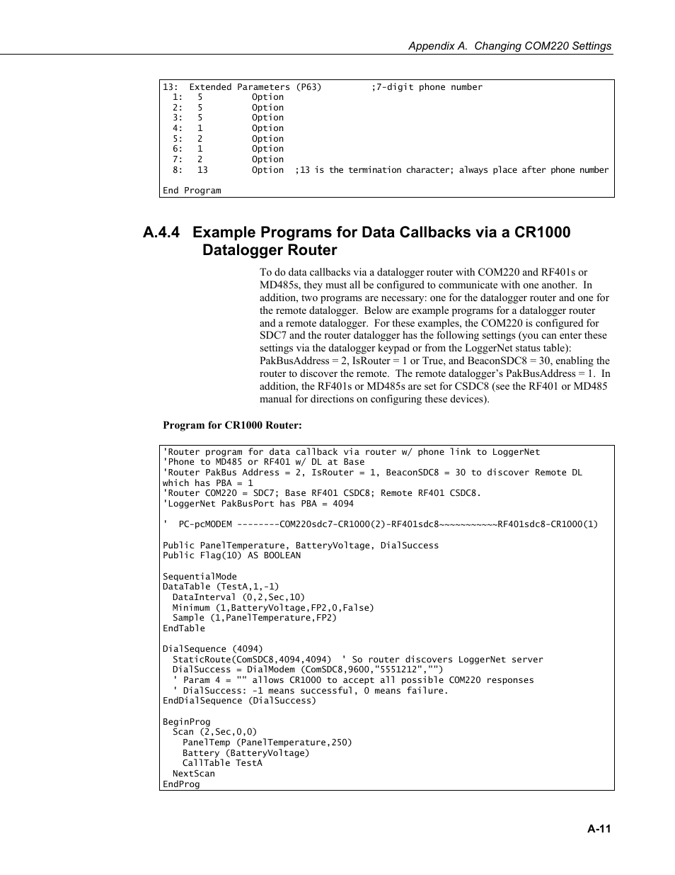 A.4.4, Example programs for data callbacks via a cr1000, Appendix a.4.4 | Campbell Scientific COM220 56k Phone Modem User Manual | Page 31 / 42