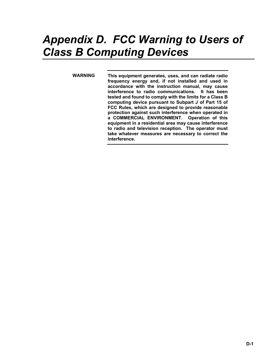Fcc warning to users of class b computing, N appendix d | Campbell Scientific COM220 56k Phone Modem User Manual | Page 37 / 42