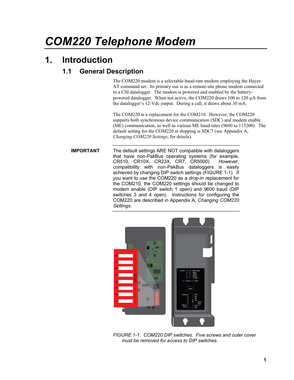 Introduction, 1 general description, General description | Removed for access to dip switches, Com220 telephone modem | Campbell Scientific COM220 56k Phone Modem User Manual | Page 9 / 42
