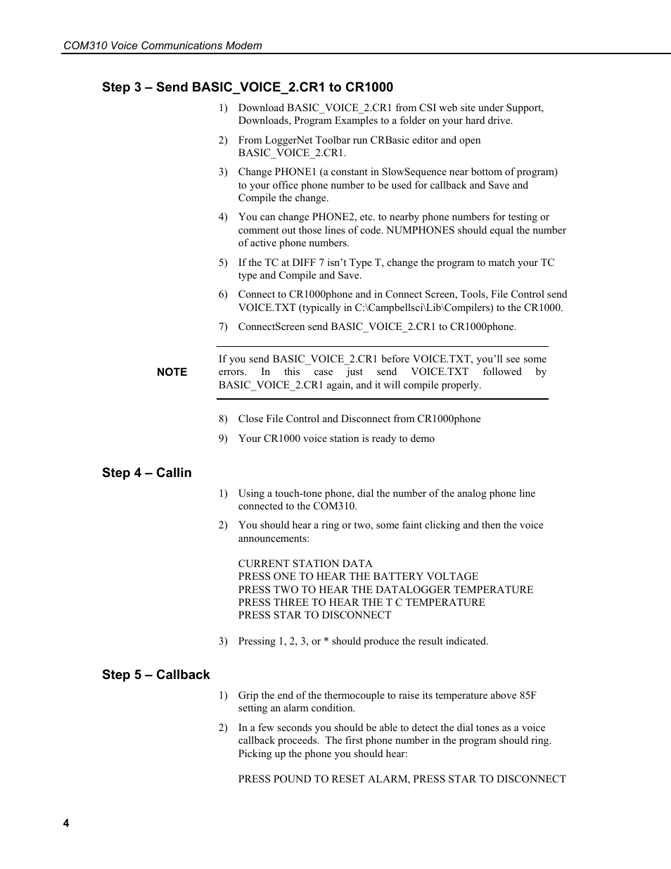Step 3 – send basic_voice_2.cr1 to cr1000, Step 4 – callin, Step 5 – callback | Campbell Scientific COM310 Voice Communications Modem User Manual | Page 10 / 56