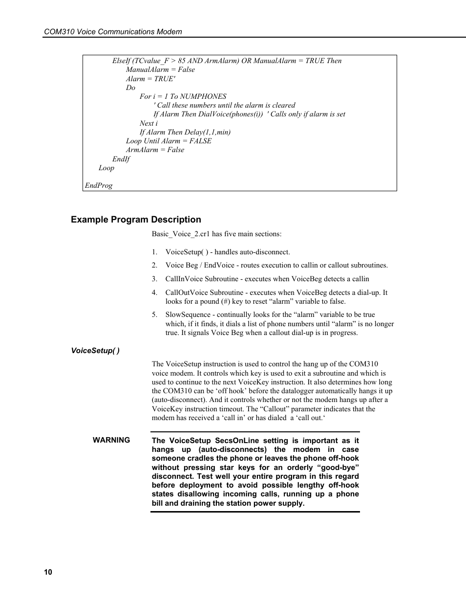 Example program description, Voicesetup( ) | Campbell Scientific COM310 Voice Communications Modem User Manual | Page 16 / 56