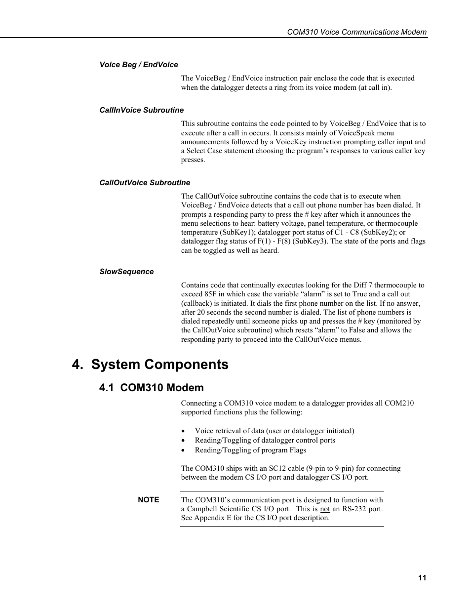 Voice beg / endvoice, Callinvoice subroutine, Calloutvoice subroutine | Slowsequence, System components, 1 com310 modem | Campbell Scientific COM310 Voice Communications Modem User Manual | Page 17 / 56