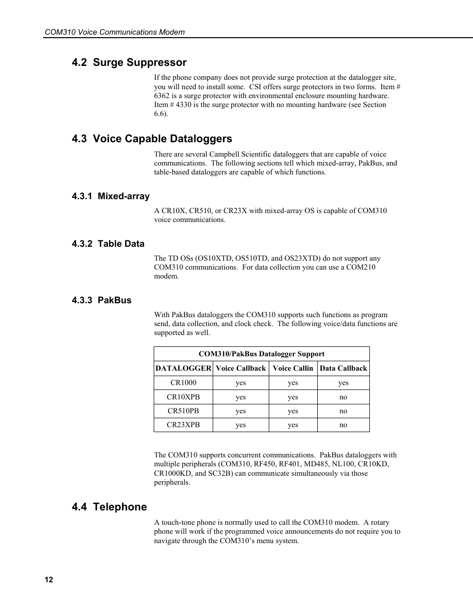 2 surge suppressor, 3 voice capable dataloggers, 1 mixed-array | 2 table data, 3 pakbus, Com310/pakbus datalogger support, 4 telephone | Campbell Scientific COM310 Voice Communications Modem User Manual | Page 18 / 56