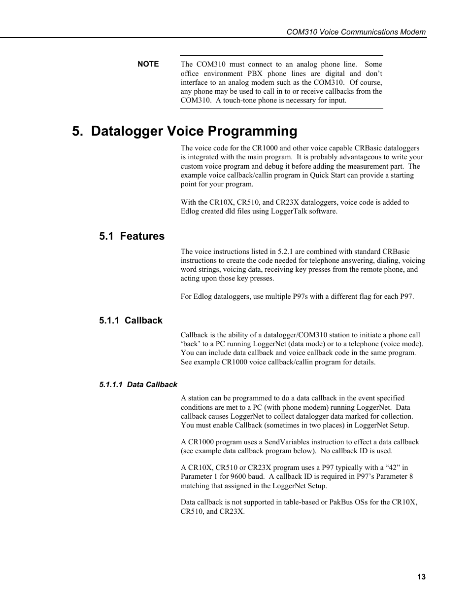 Datalogger voice programming, 1 features, 1 callback | 1 data callback | Campbell Scientific COM310 Voice Communications Modem User Manual | Page 19 / 56