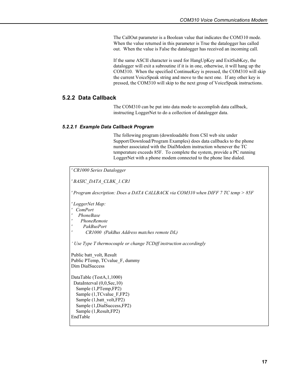 2 data callback, 1 example data callback program | Campbell Scientific COM310 Voice Communications Modem User Manual | Page 23 / 56