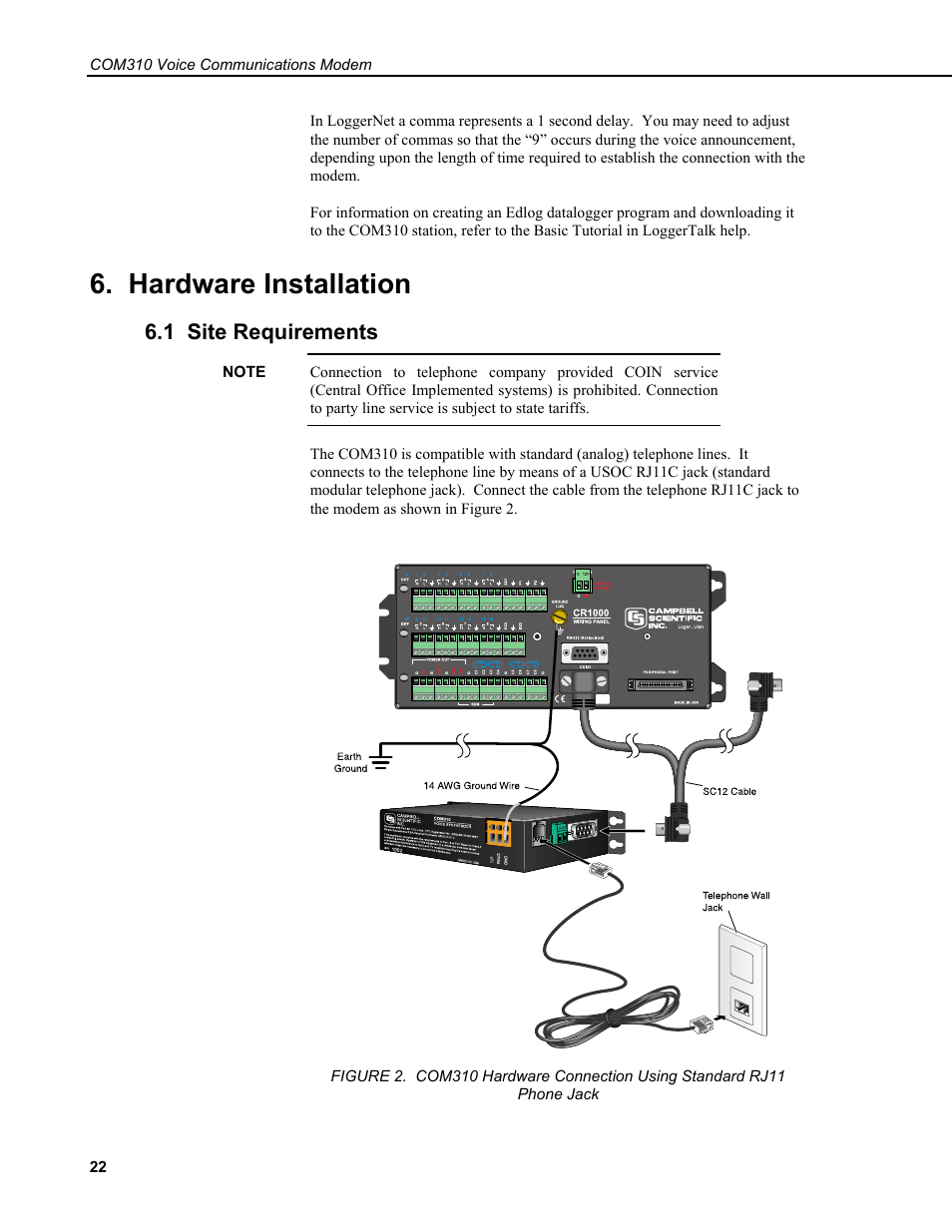 Hardware installation, 1 site requirements | Campbell Scientific COM310 Voice Communications Modem User Manual | Page 28 / 56
