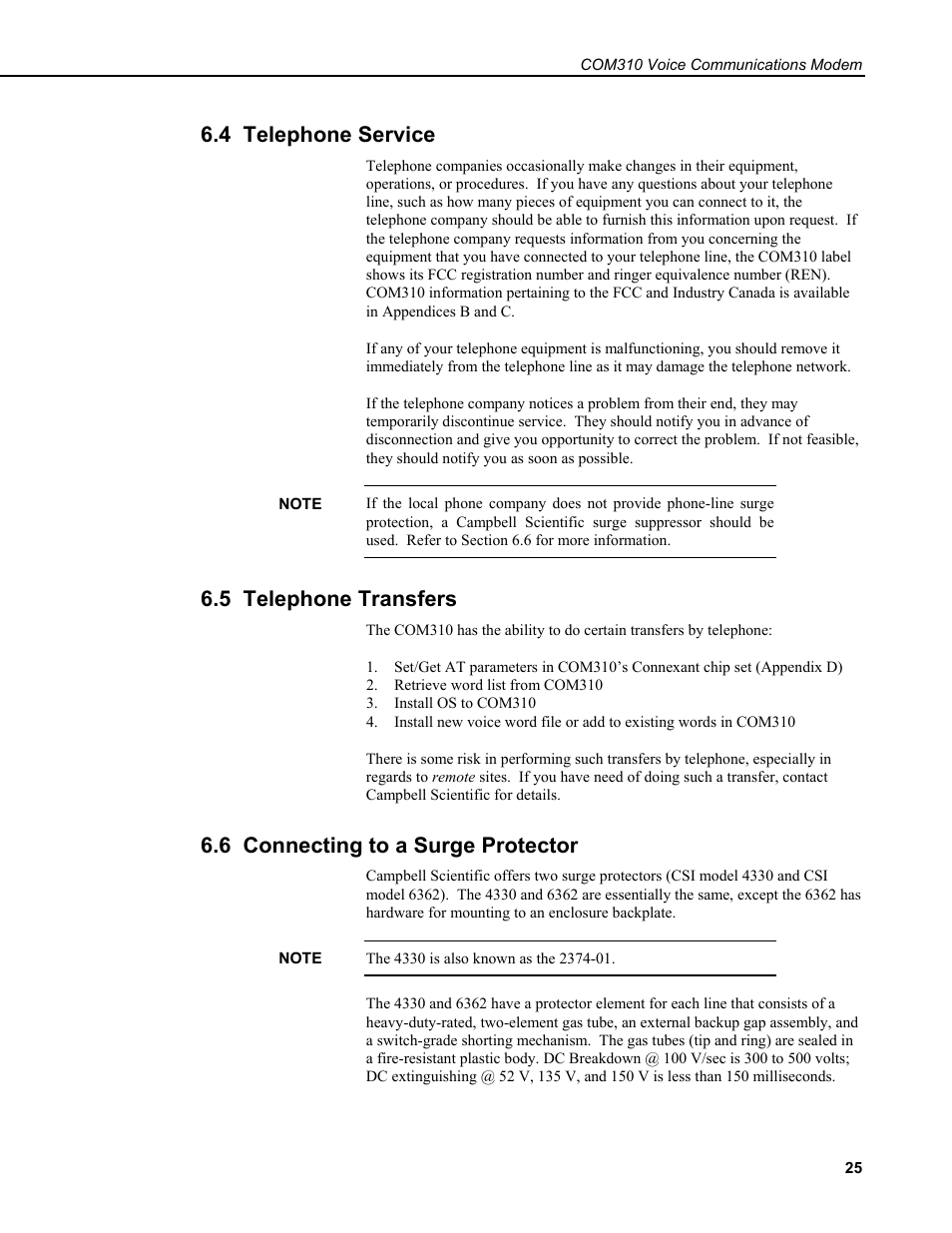 4 telephone service, 5 telephone transfers, 6 connecting to a surge protector | Campbell Scientific COM310 Voice Communications Modem User Manual | Page 31 / 56
