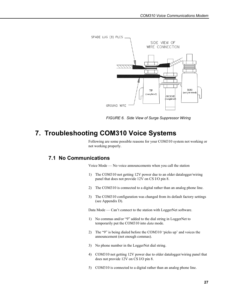 Troubleshooting com310 voice systems, 1 no communications | Campbell Scientific COM310 Voice Communications Modem User Manual | Page 33 / 56