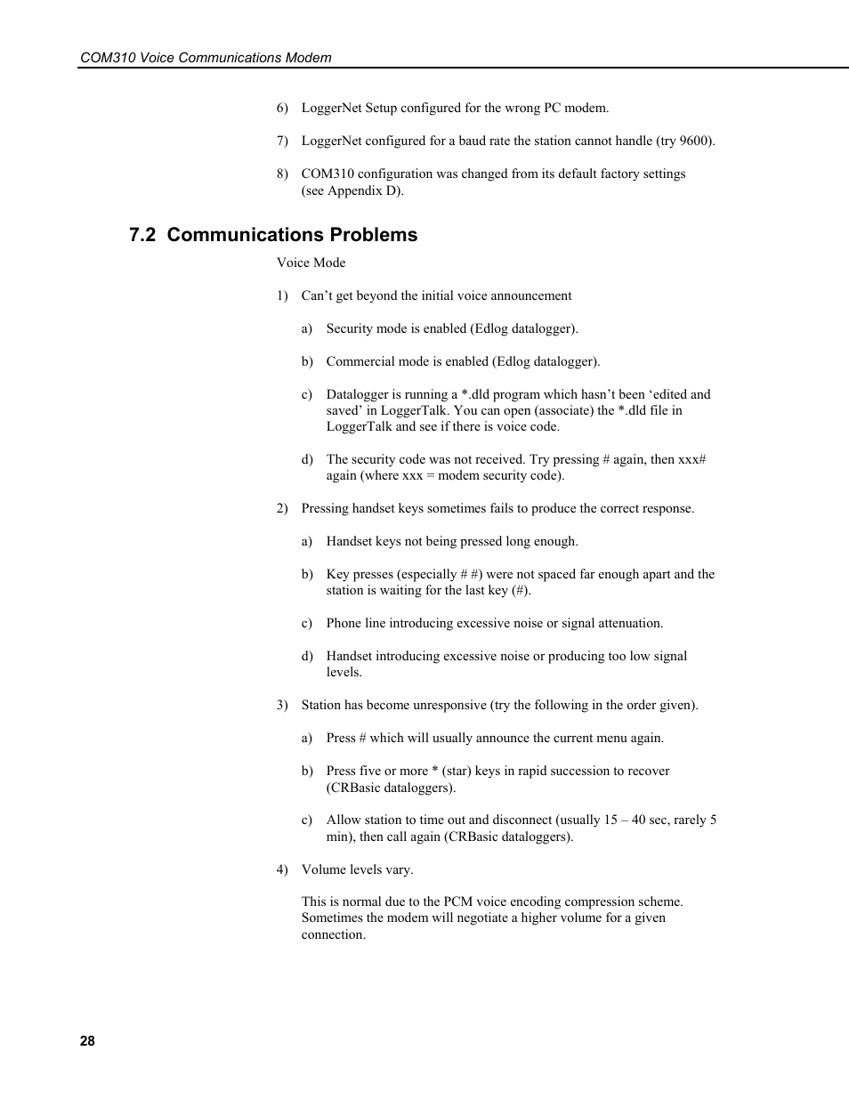 2 communications problems | Campbell Scientific COM310 Voice Communications Modem User Manual | Page 34 / 56